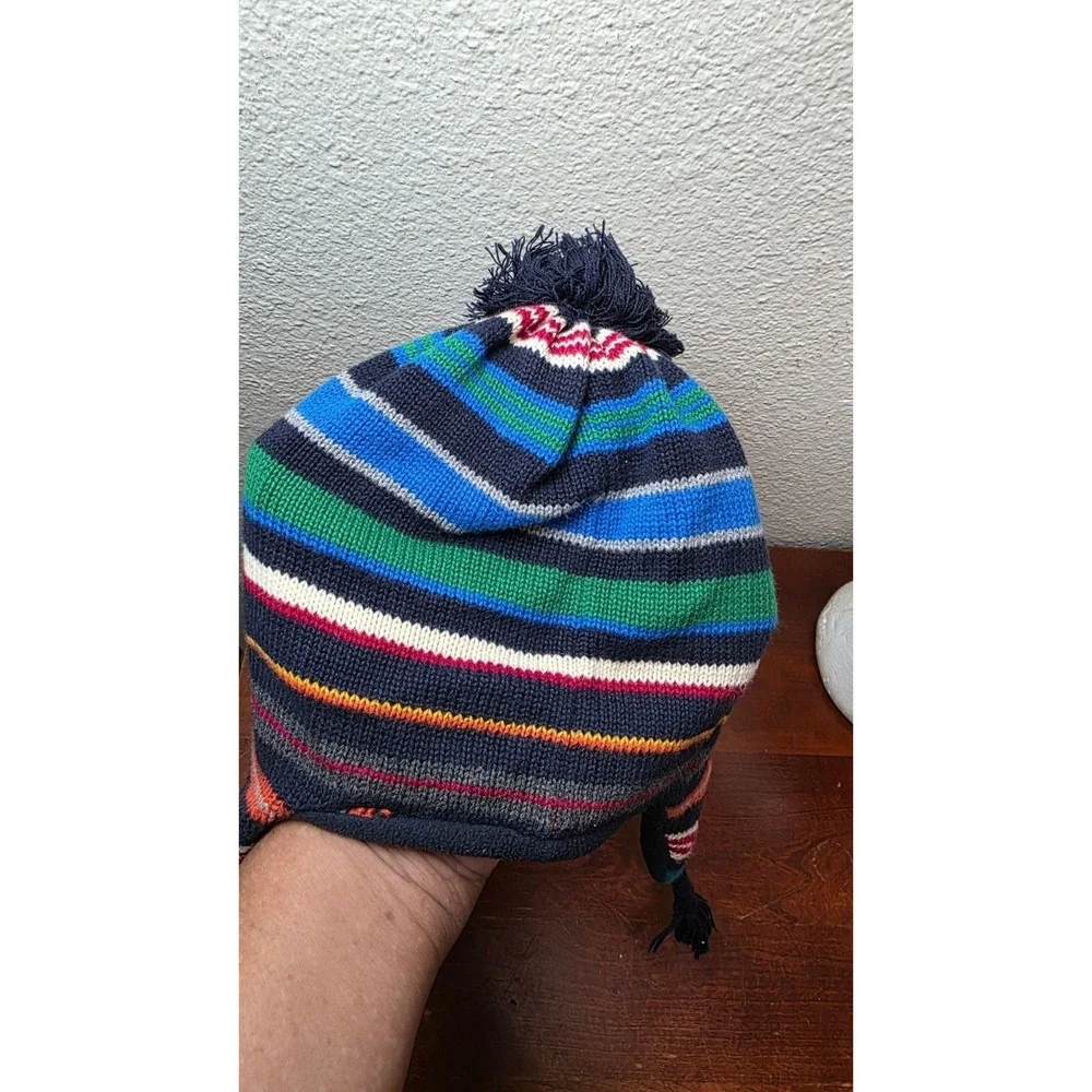 Gap‎ Kids Winter Street Striped Knit Pom-Pom Hat Earflaps & Fleece Lining S/M